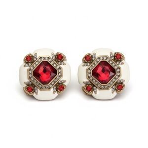 RED WHITE VINTAGE STYLE RHINESTONE ENAMEL EARRINGS